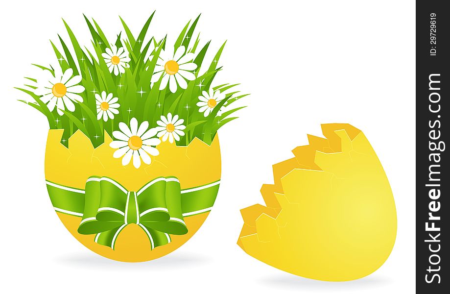 Green grass and daisies grew out of an Easter egg