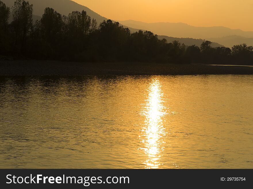 Sunset over the river Drina, western Serbia.