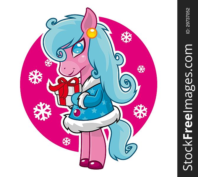 Vector illustration, merry christmas holding a gift horse and smiling, format EPS 8. Vector illustration, merry christmas holding a gift horse and smiling, format EPS 8