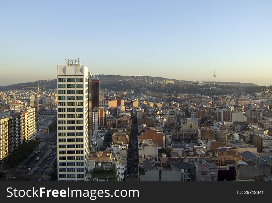 View on Barcelona at sunset