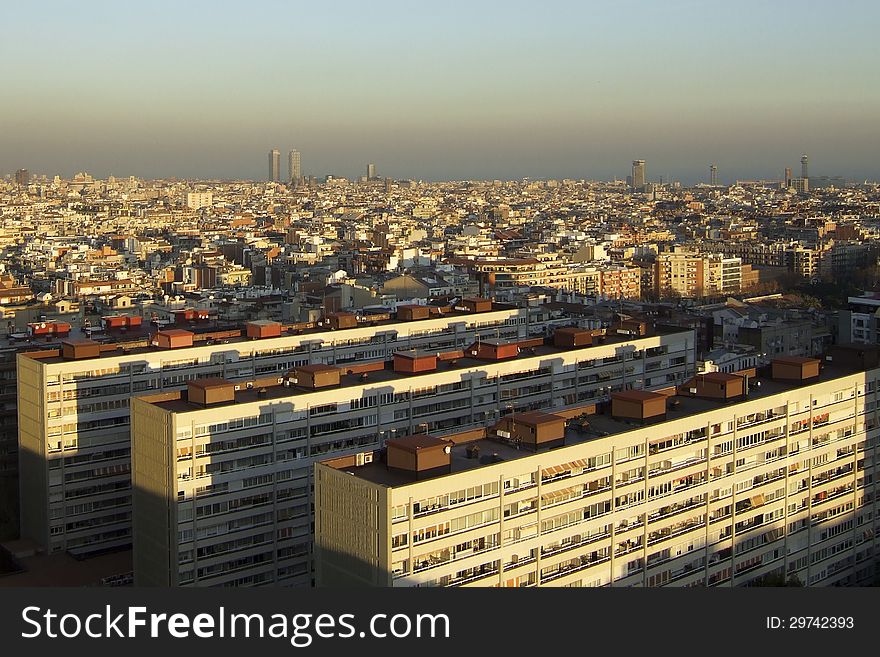 View on Barcelona at sunset