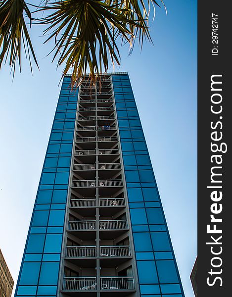 Modern glass silhouettes on modern building and palm tree. Modern glass silhouettes on modern building and palm tree