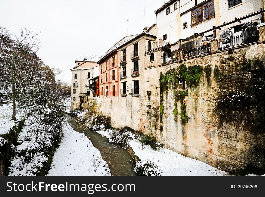 Snow storm in Darro river. Granada, Andalusia, Spain. Snow storm in Darro river. Granada, Andalusia, Spain