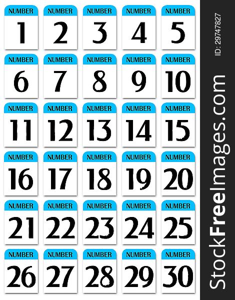 Number card 1 to 30 blue