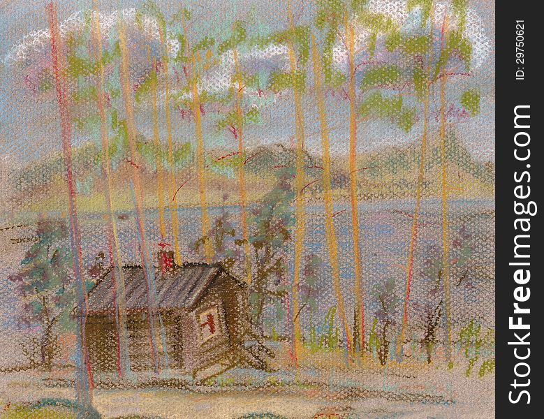 The wooden small house on the bank of lake. Summer. The wooden small house on the bank of lake. Summer.