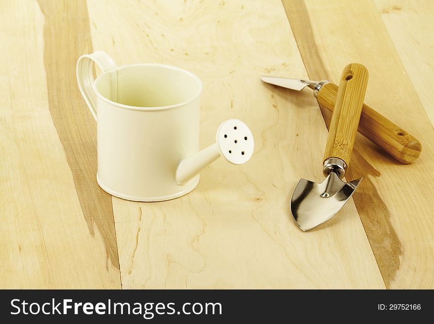 Watering can and two small scapula for care for houseplants