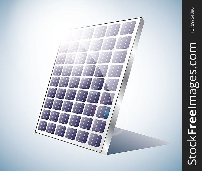 Solar panel on blue background and shining sun