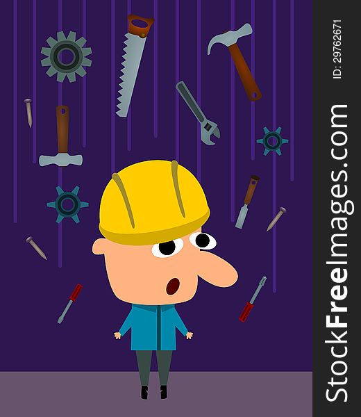 A construction worker wearing a hardhat while construction tools are falling down. A construction worker wearing a hardhat while construction tools are falling down