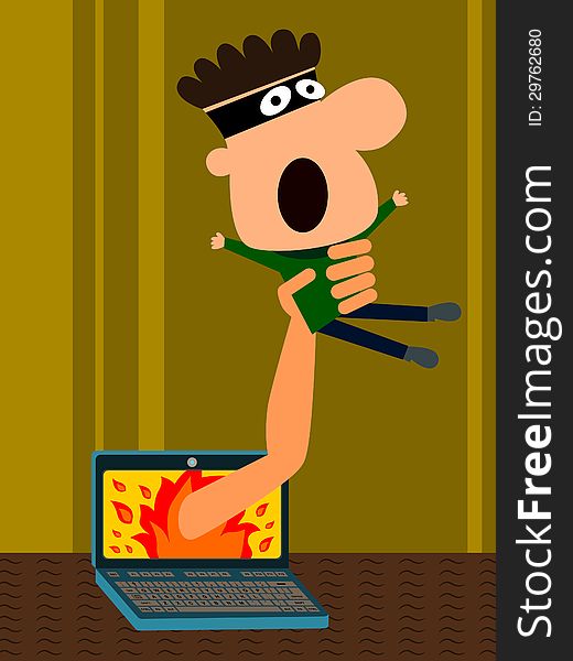 Illustration of a hacker caught by a hand that came out from a laptop. Illustration of a hacker caught by a hand that came out from a laptop