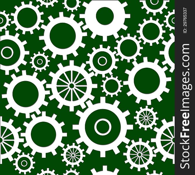 Seamless background pattern with green background and white gears. Seamless background pattern with green background and white gears