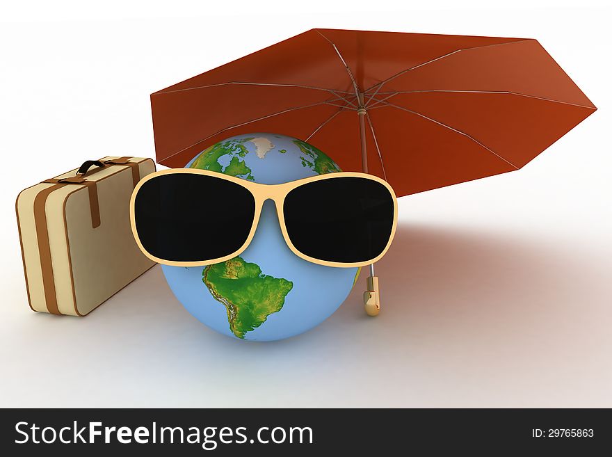 Globe in sunglasses with a suitcase
