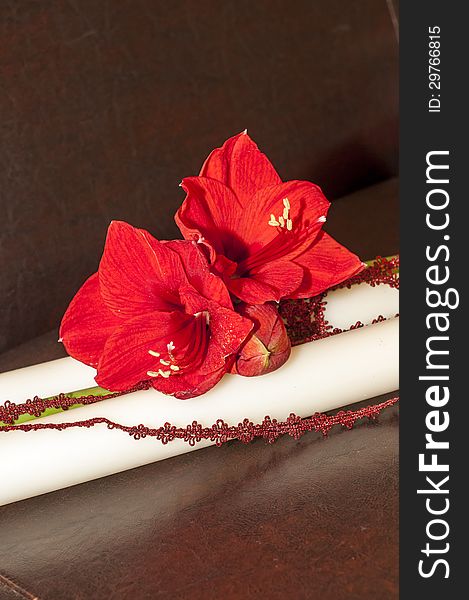 Closeup Of Red Flowers On Wedding Candles