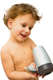 1  Baby boy hair dryer over white Free Stock Photos image