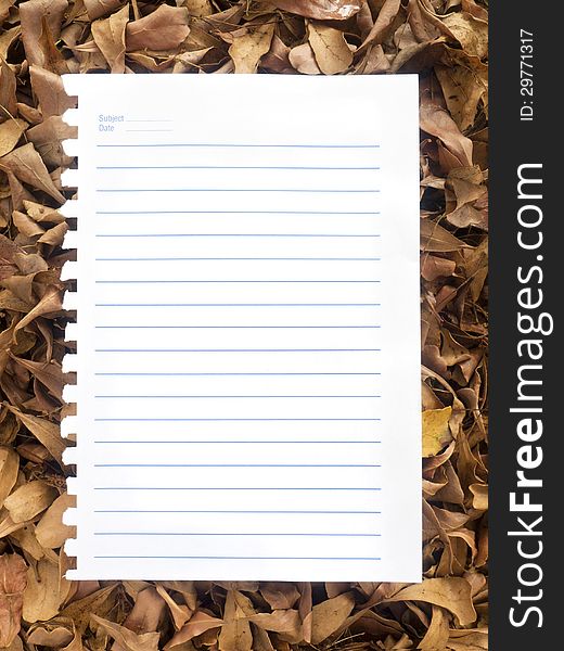 Notebook paper on a pile of autumn leaves. Notebook paper on a pile of autumn leaves.