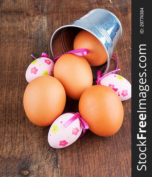 Natural chicken and decorative Easter eggs