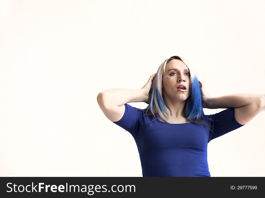 Beautiful Young Woman With Blue Hair On White Background