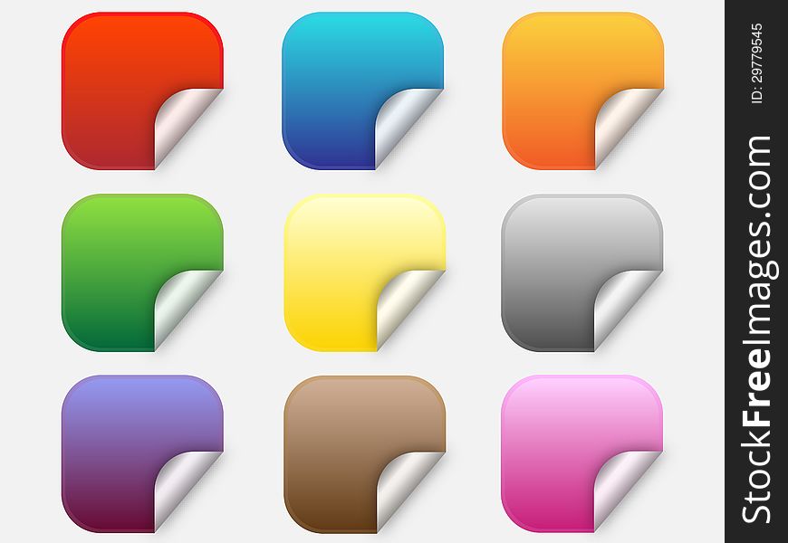 Web buttons with folded corners in nine colors.