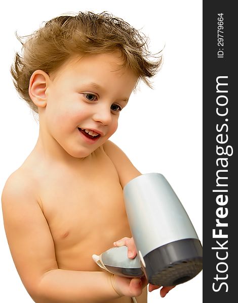 Baby boy with hair dryer over white