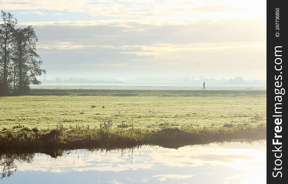 The man running in the foggy morning