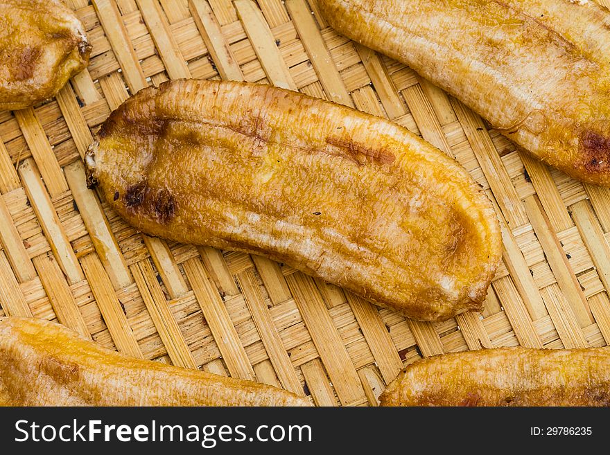 Dried bananas in bamboo basket