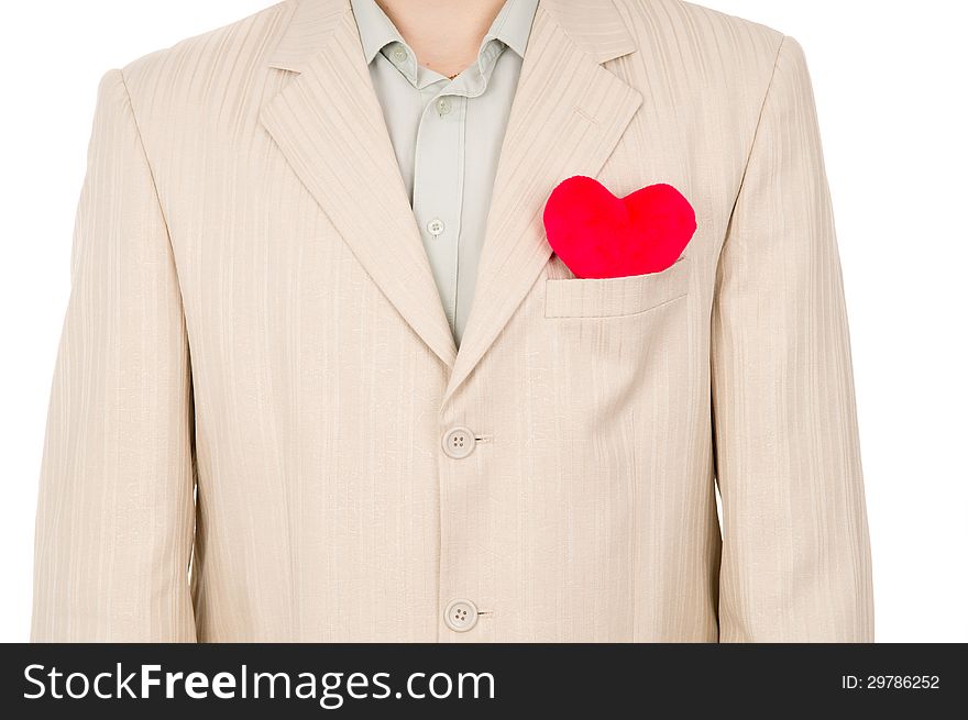 The heart is in the pocket of the suit isolated on white background