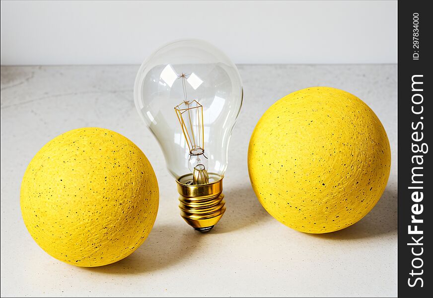 An electric light bulb and two yellow balls.