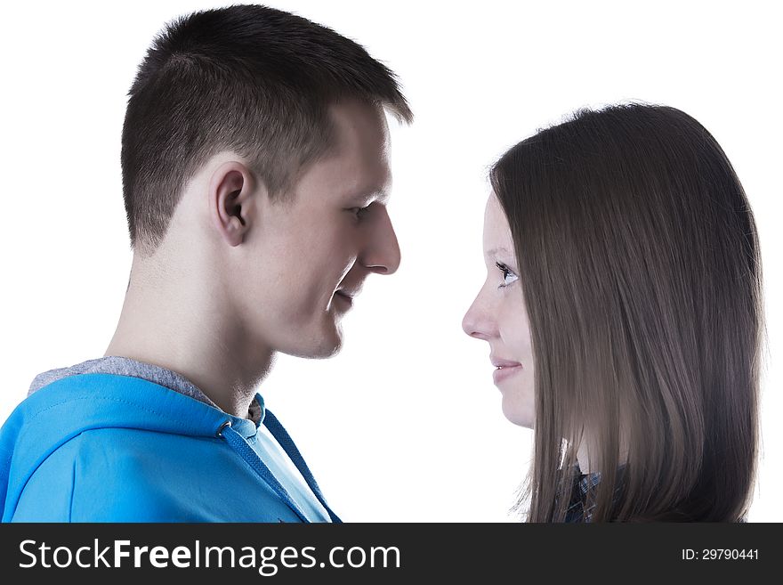 Profile portrait of young happy couple in love