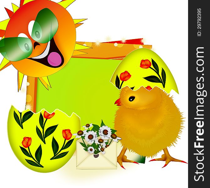 Easter card. Yellow chicken and egg. Easter card. Yellow chicken and egg