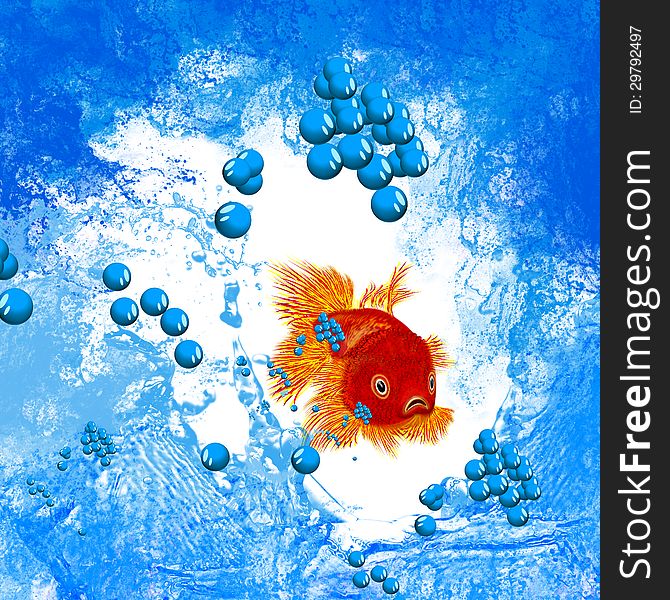 Illustration of a goldfish. Water splashing.