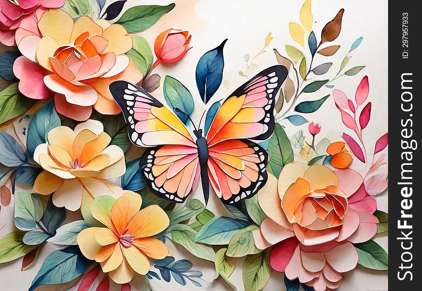 Artificially Generated Paper Butterfly and Flowers. Unleash your creativity with this artificially generated paper butterfly and flowers. This resource is a beautiful image of a paper butterfly and flowers, created with artificial intelligence. The image features a realistic and colorful butterfly with white spots on its wings, and a variety of flowers in pink, orange, and yellow hues. The background is white, making the image stand out. You can use this resource for any creative project or design, such as scrapbooking, collage, decoupage, card making, and more. This image is unique and original, and will add a touch of nature and spring to your creations.