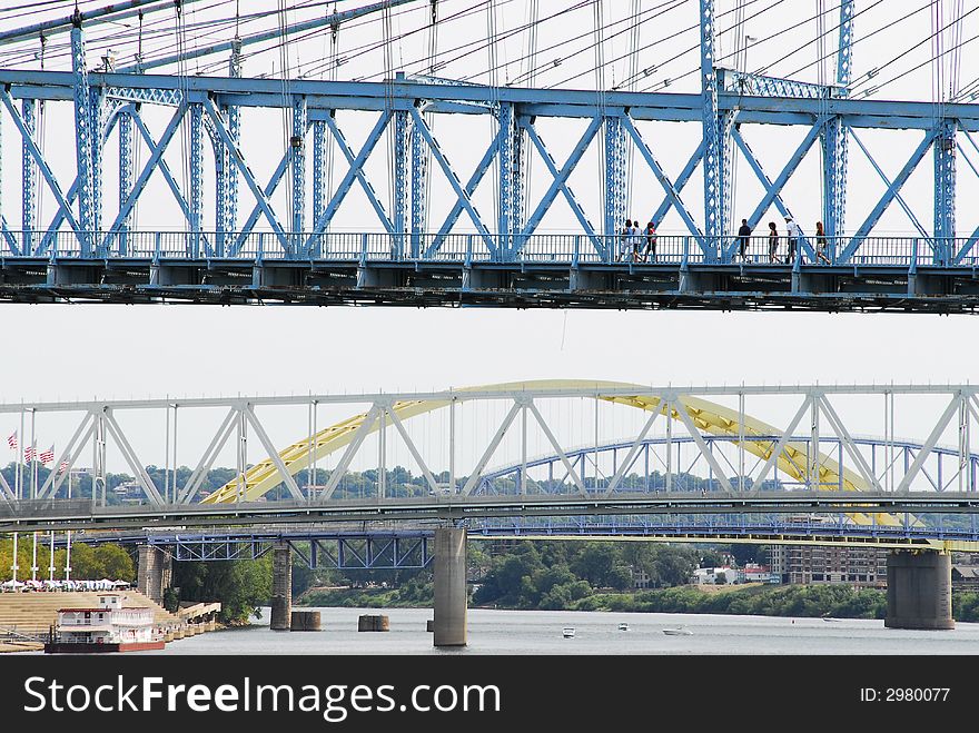 Cincinnati's historical suspension bridge over the Ohio river