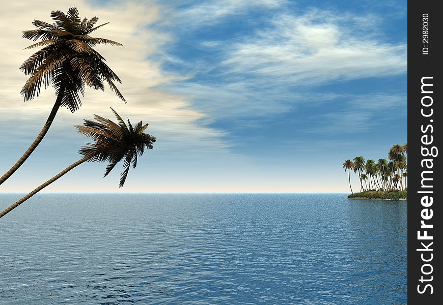 Coconut palm trees on a small island - digital artwork. Coconut palm trees on a small island - digital artwork