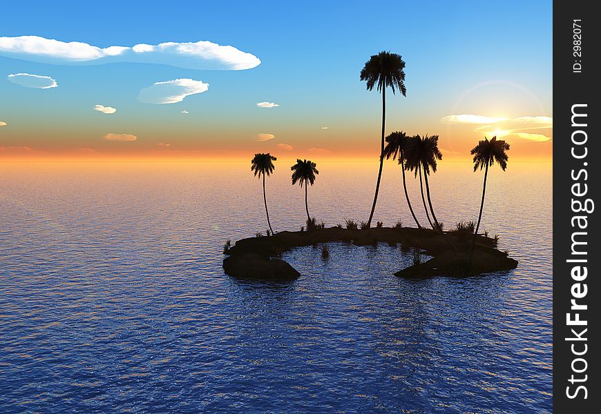 Sunset coconut palm trees on small island - 3d illustration.