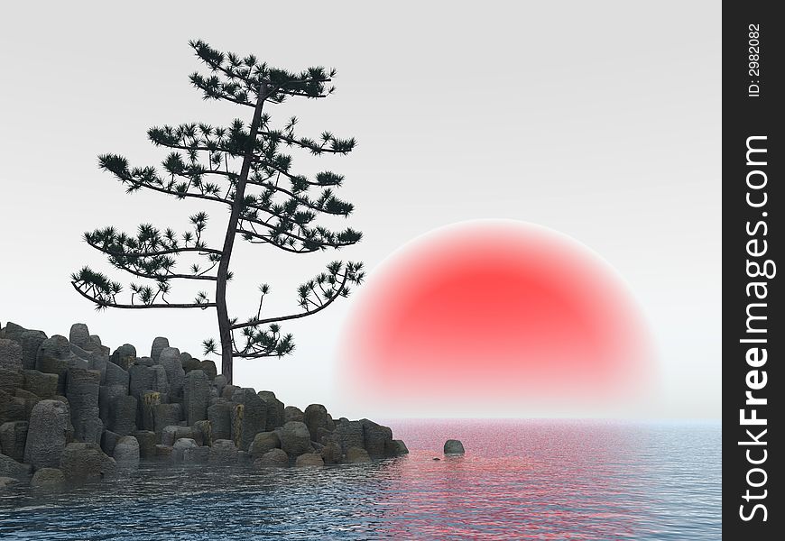 Pine tree at sea coast - 3d illustration.