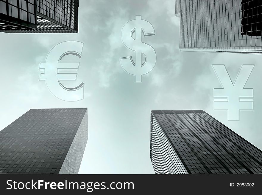 Dollar Euro and Yen currency symbols in sky. Dollar Euro and Yen currency symbols in sky
