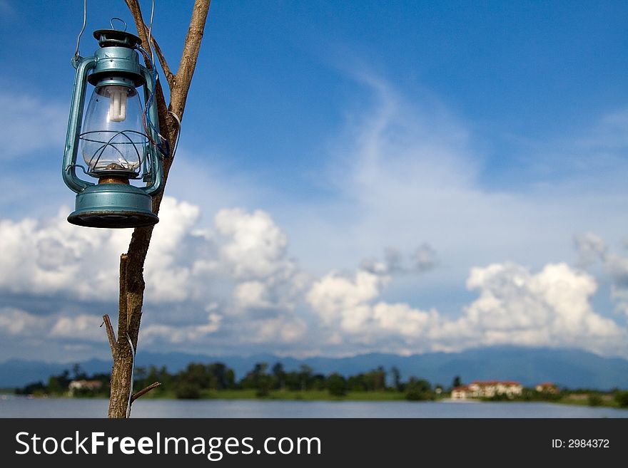 A hanging lamp on a dead tree branch.