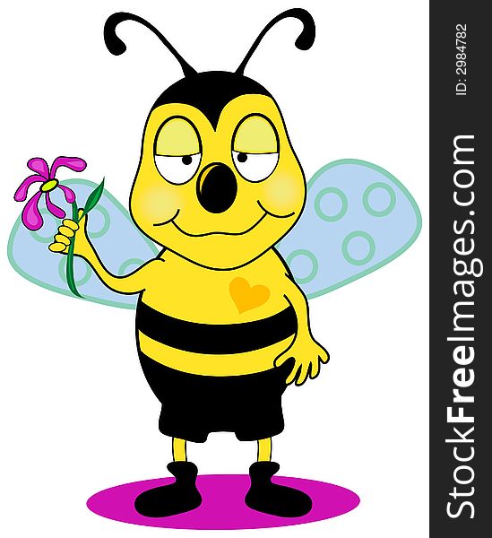 A bee holding a purple flower with a heart on his chest over a white background. A bee holding a purple flower with a heart on his chest over a white background.