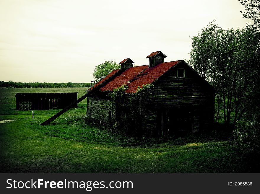 Decrepit barn with red roof in a field of green grass