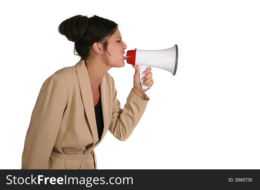 Crabby Business Woman Screaming into a Megaphone on White