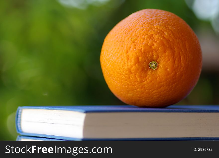 An orange on a book of the blue color.