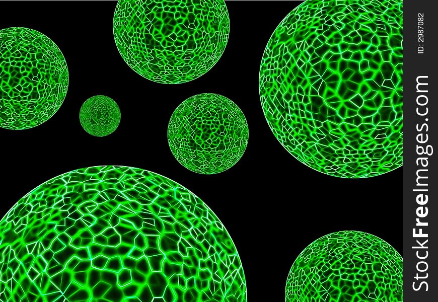 Image of glowing green filament spheres