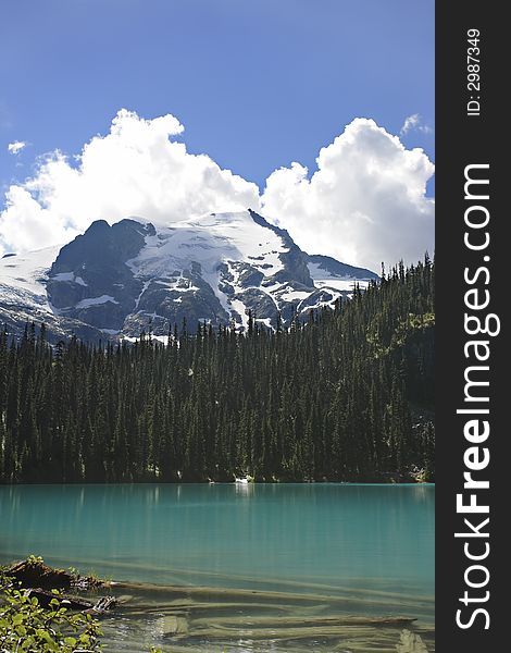 Turquoise glacial mountain lake with blue sky and a few clouds. Turquoise glacial mountain lake with blue sky and a few clouds.