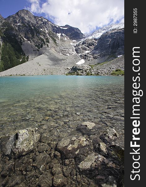 Glacial lake with glacier in background, blue sky and clouds