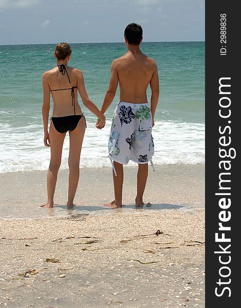 A young couple holding hands on the beach looking at the ocean. A young couple holding hands on the beach looking at the ocean