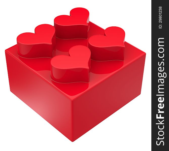 Toy block with hearts isolated on white background. Abstract 3d render.