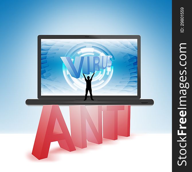 Antivirus illustration with a laptop and the words anti and virus.