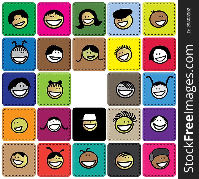 Colorful graphic of cute and happy faces of childr