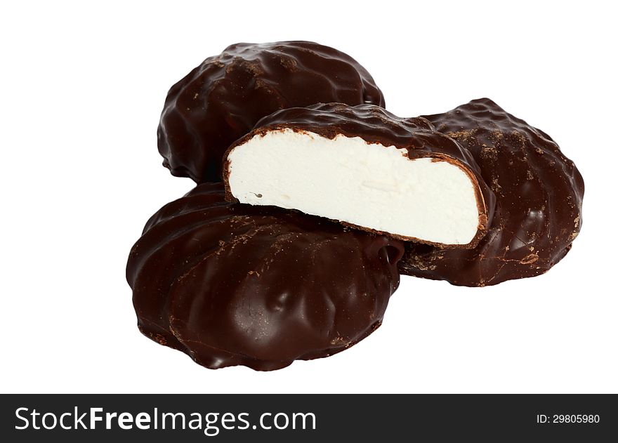 Marshmallows in chocolate on a white background