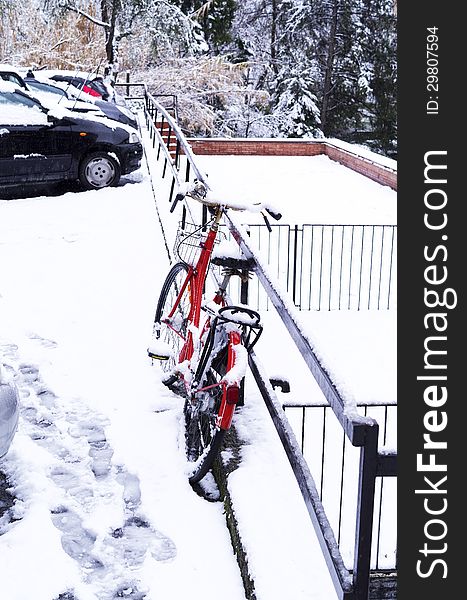 Red bike in winter time