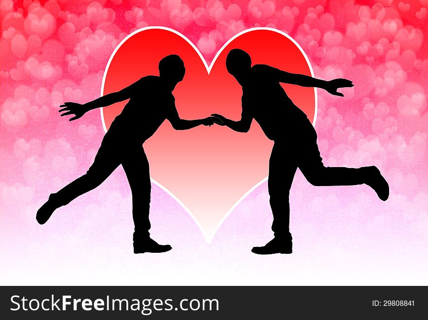 Silhouetted illustration of romantic couple holding hands with red love heart in background.